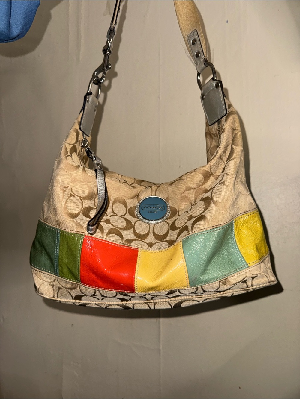 Coach Beige Signature Hobo with Red, Yellow, Green & Teal Panels
